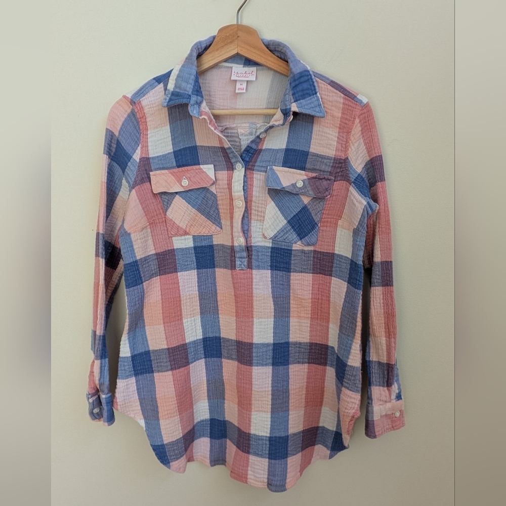 Pink And Blue Plaid 100% Cotton Maternity Button Down Shirt Size Medium